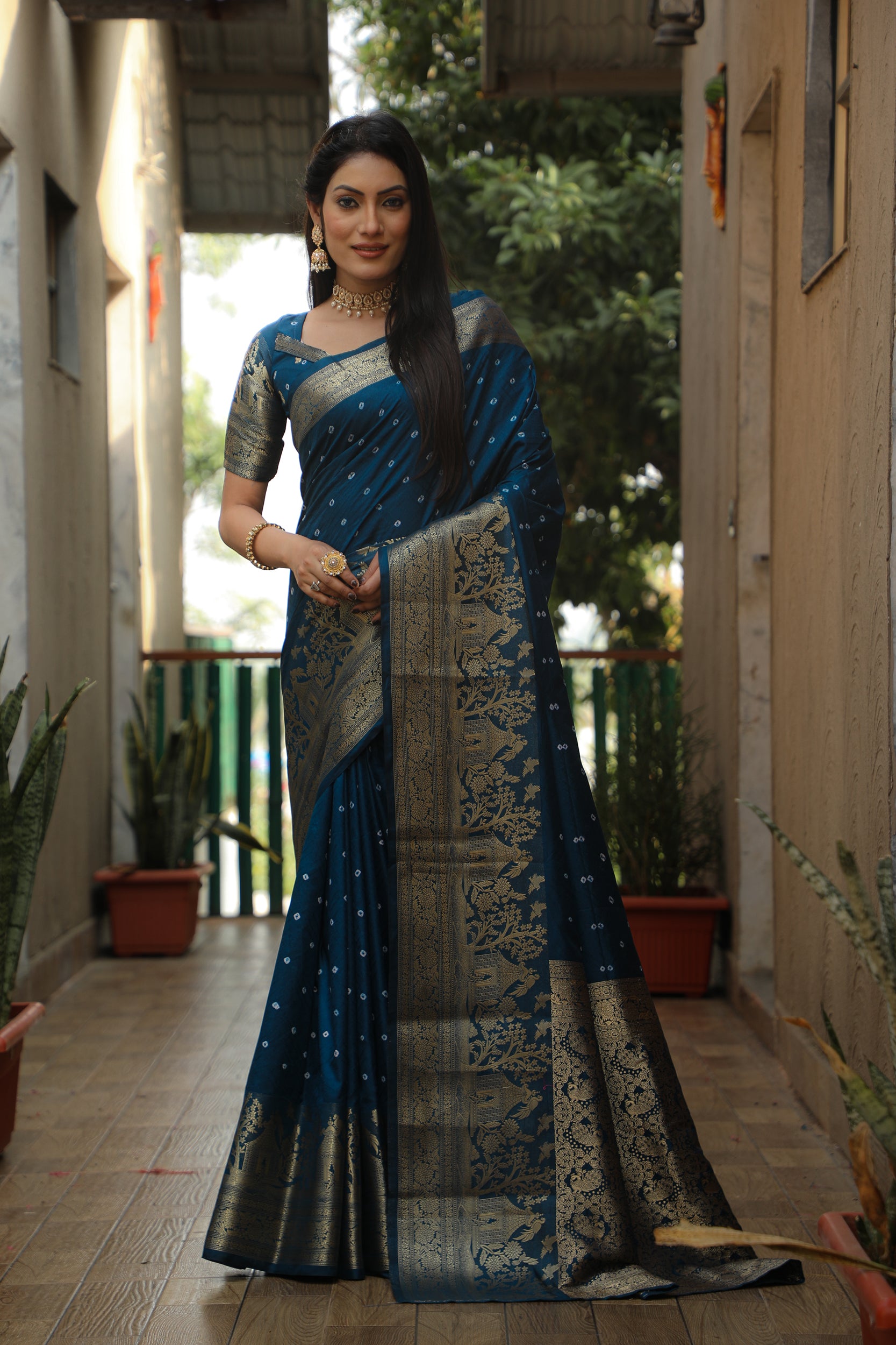 Lorenvalley Premium Pure Handmade Bandhej Kanjivaram silk saree with Zari Weaving Rich Pallu saree - Rama - Distacart