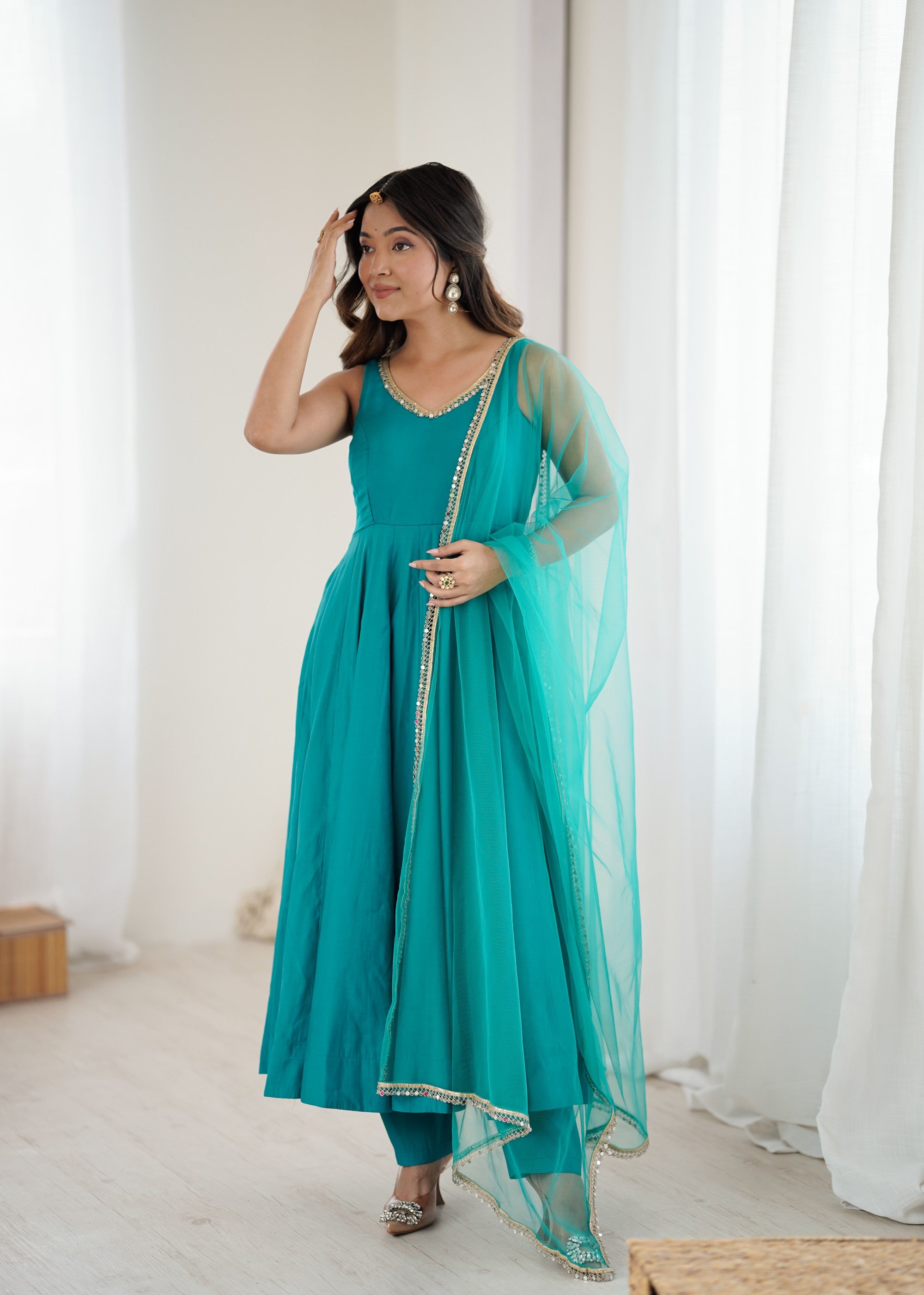 Lorenvalley Fashion Rama Pure Roman Silk Chanderi Fabric Yoke Fancy Lace Work Anarkali Kurta Pant With Dupatta Set - Distacart