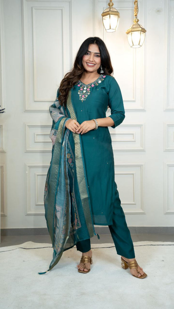 Lorenvalley Fashion Rama Roman Silk Hand Work Kurta Pant with Dupatta