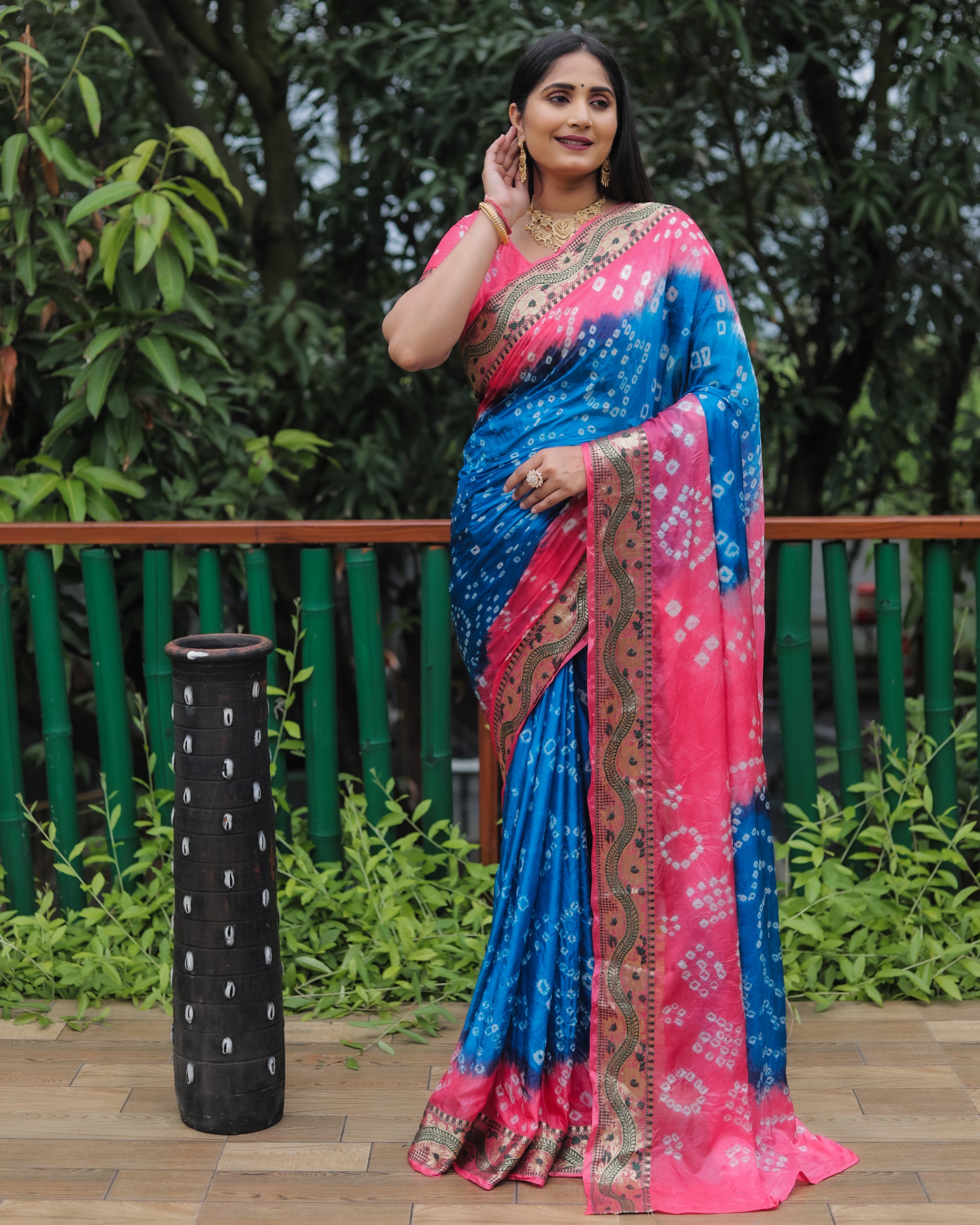 Lorenvalley Premium Pure Bandhej Tapeta Soft light weight silk saree with zari weaving Border - Multicolor - Distacart