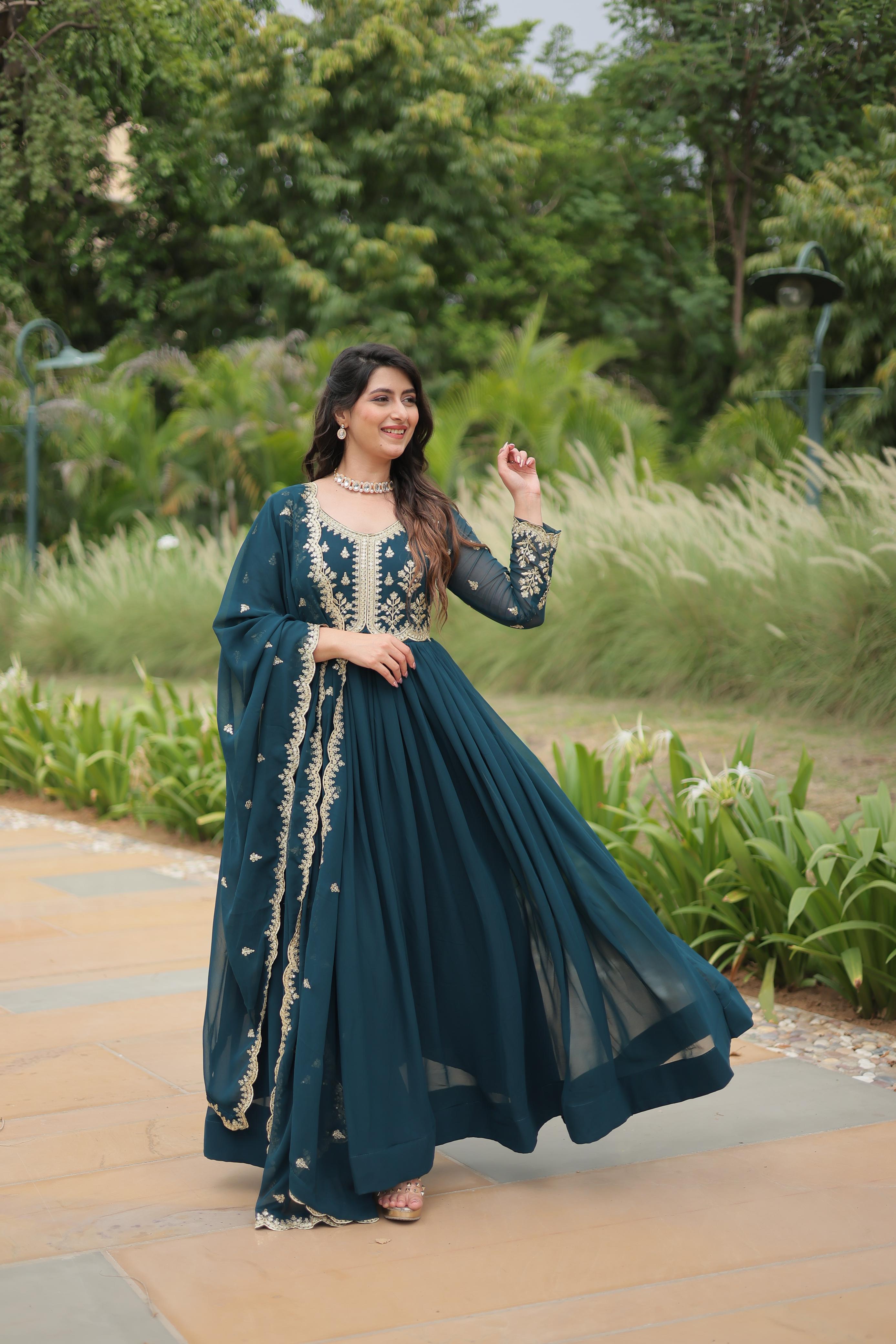 Evanik Rama Faux Blooming Gown With Dupatta With Sequins-Multi & Zari Embroidered Work - Distacart