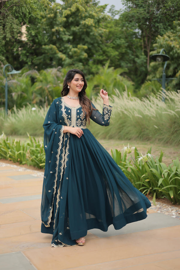 Evanik Rama Faux Blooming Gown With Dupatta With Sequins-Multi & Zari Embroidered Work