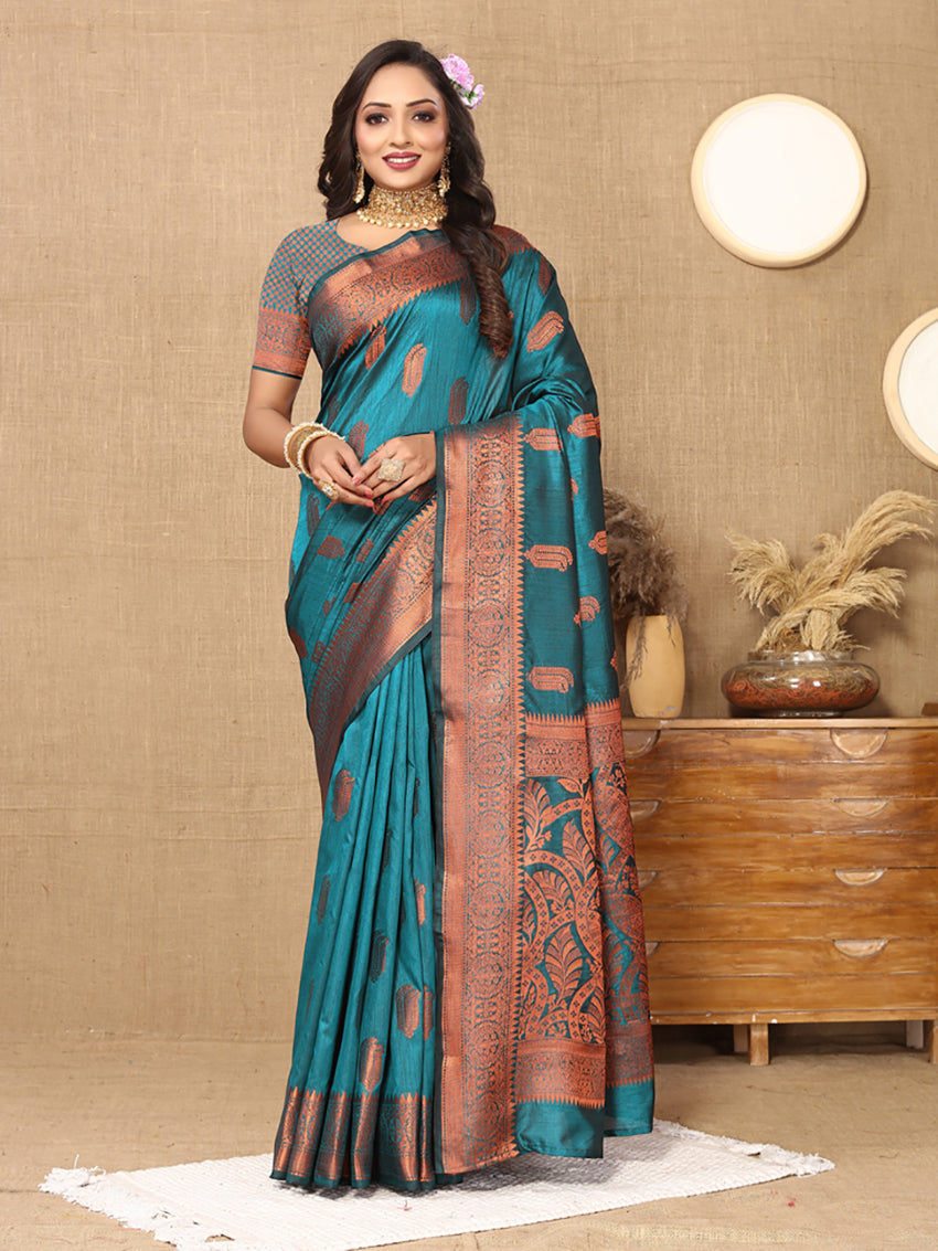 Lorenvalley Fashion Rama Soft Katan Silk Woven Design Copper Zari Weaving Saree - Distacart