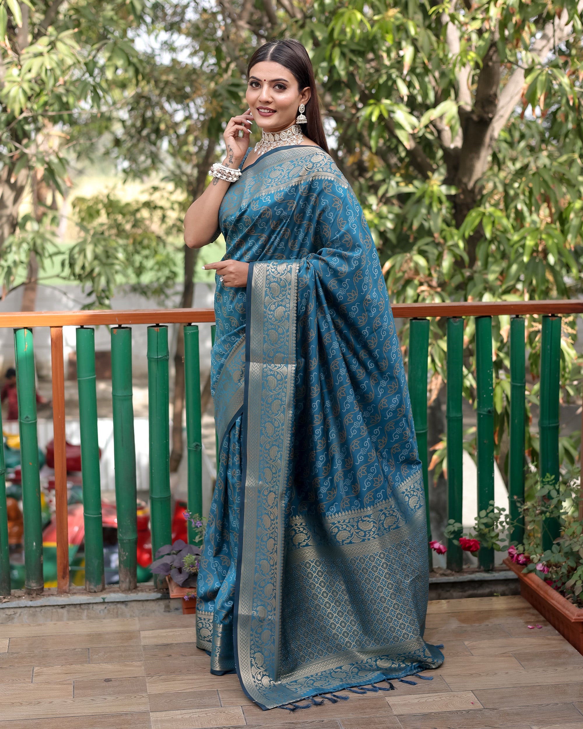 Lorenvalley Premium Bandhej Patola Silk Sarees with kanchi Borders and Contrast Zari Weaving borders Saree - Rama - Distacart