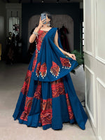 Thumbnail for Lorenvalley Pure Cotton Rama Plain And Printed With Foil Work Lehenga Choli with Dupatta - Distacart
