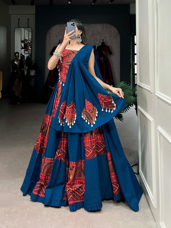 Lorenvalley Pure Cotton Rama Plain And Printed With Foil Work Lehenga Choli with Dupatta - Distacart