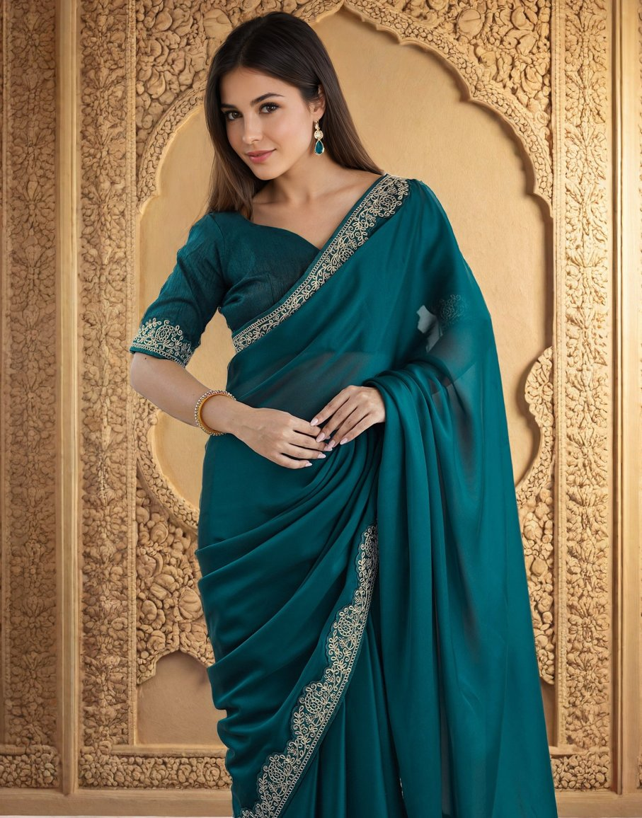 Lorenvalley Fashion Rama Rangoli Silk with Coding Lace Work Saree with Blouse