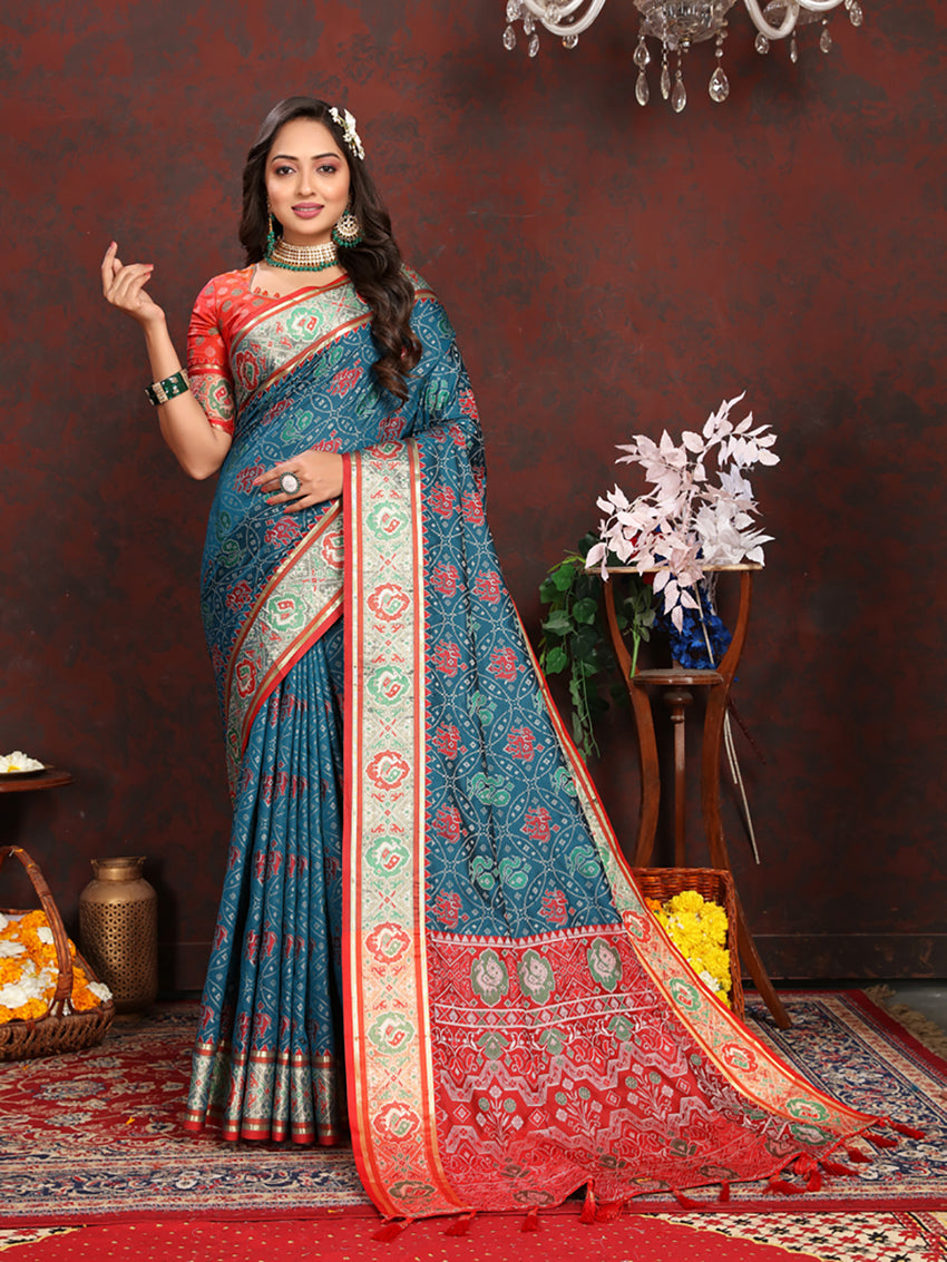 Lorenvalley Fashion Rama Patola Silk Woven Design with Zari Meenakari Weaving motifs Pallu Saree - Distacart