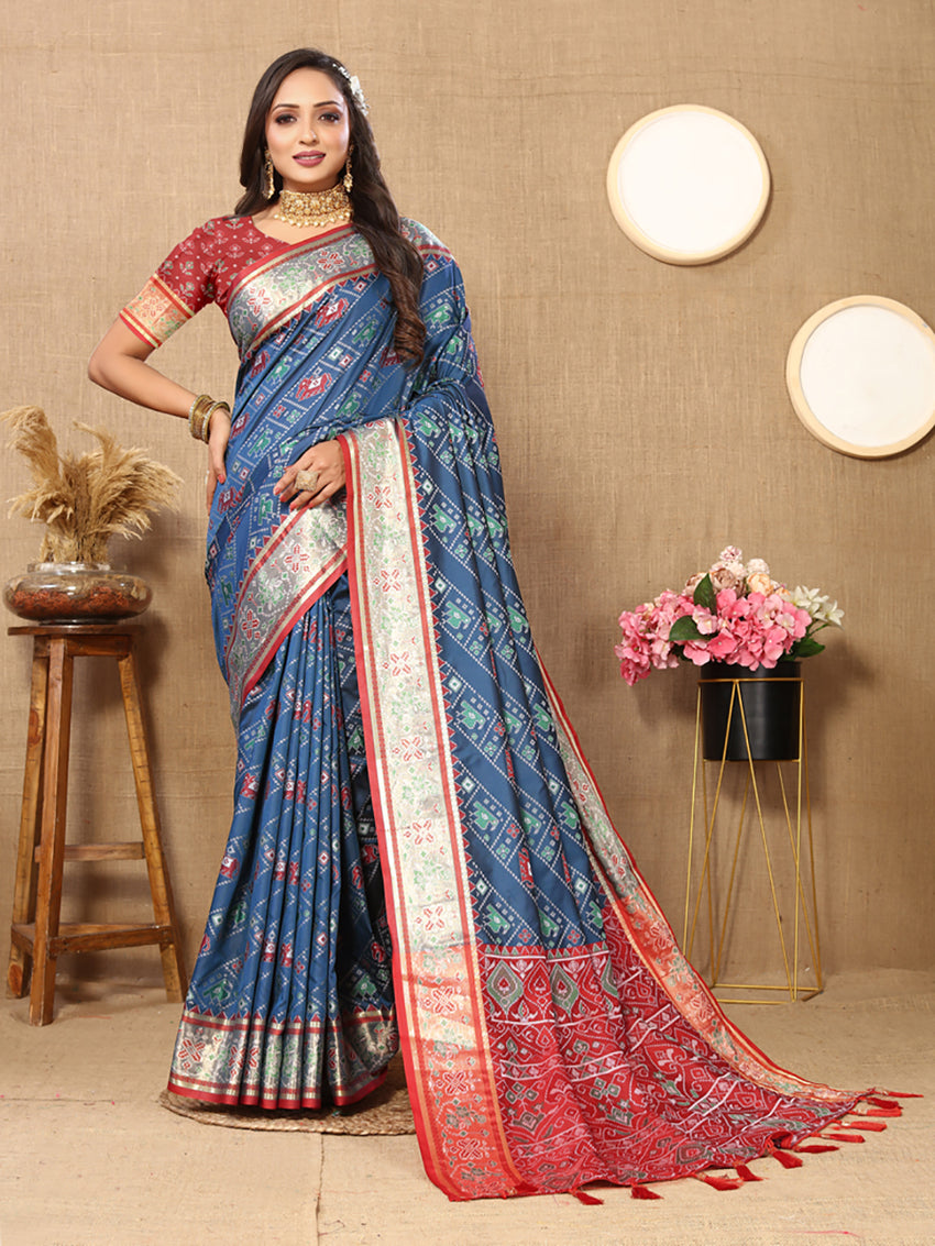 Lorenvalley Fashion Rama Patola Silk Woven Design with Zari Meenakari Weaving motifs Pallu Saree - Distacart