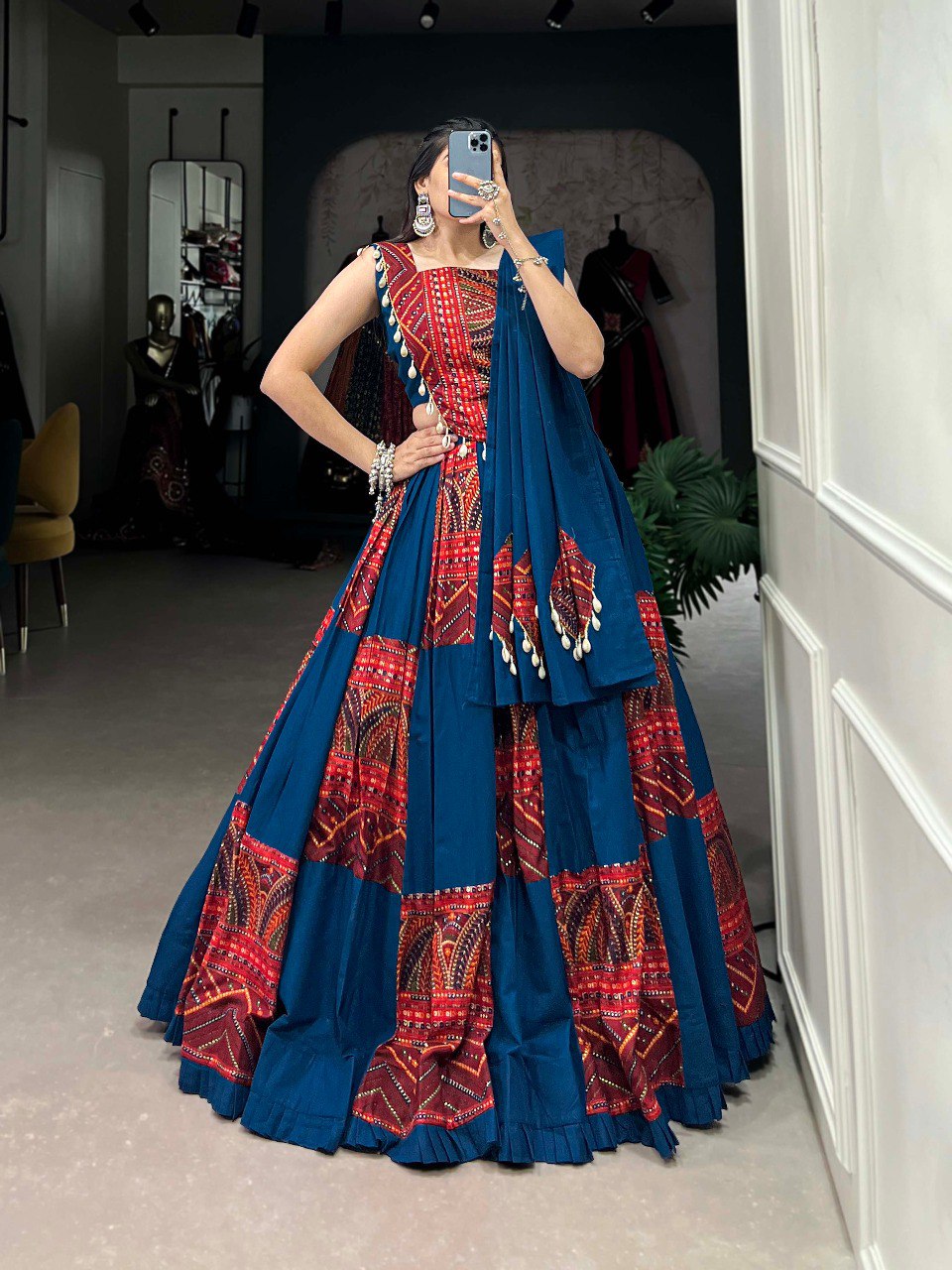 Lorenvalley Pure Cotton Rama Plain And Printed With Foil Work Lehenga Choli with Dupatta - Distacart