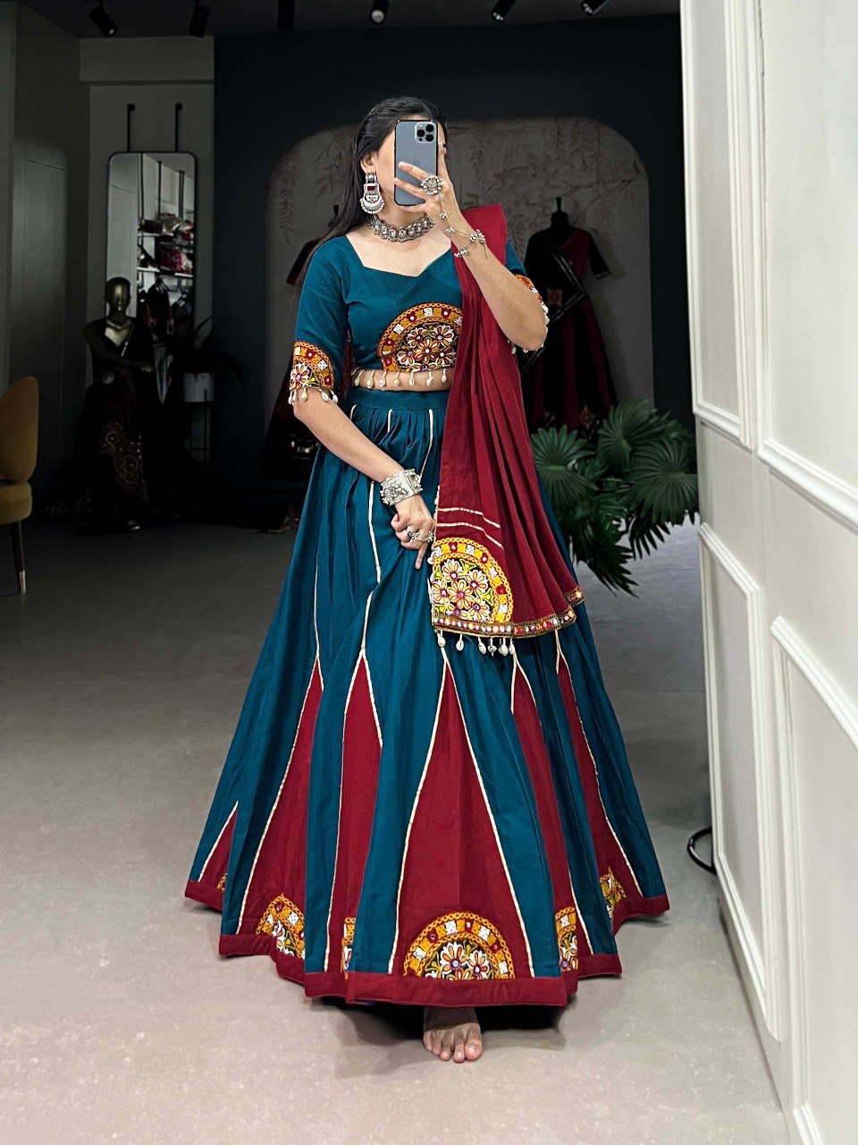 Lorenvalley Rama Pure Cotton Plain And Gamthi Patch Work With Gota Patti Lehenga Choli with Dupatta - Distacart