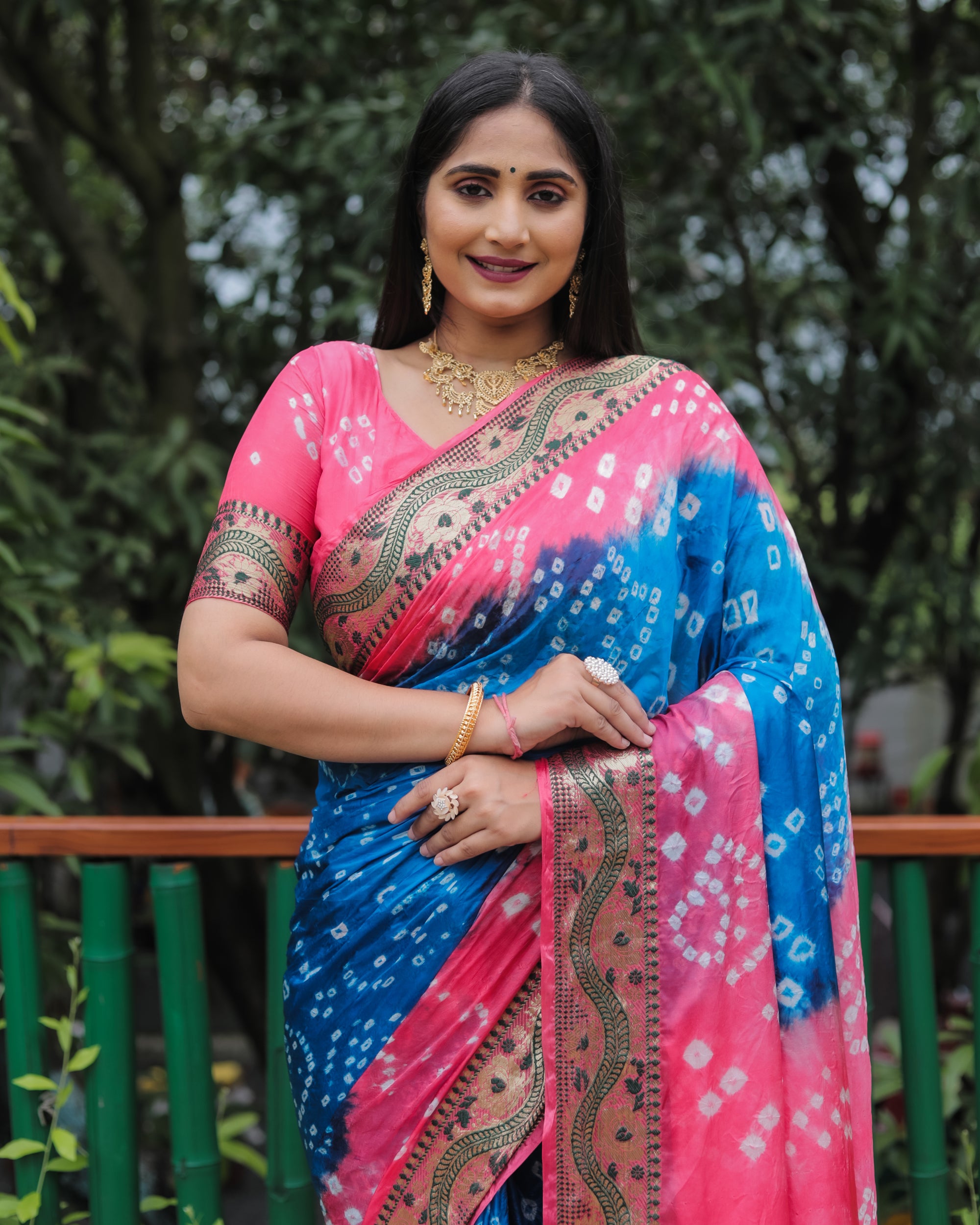 Lorenvalley Premium Pure Bandhej Tapeta Soft light weight silk saree with zari weaving Border - Multicolor - Distacart