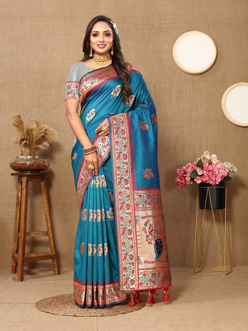 Lorenvalley Fashion Rama Soft Paithani Silk Woven Design Rich Meenakari Zari Weaving Pallu Saree - Distacart