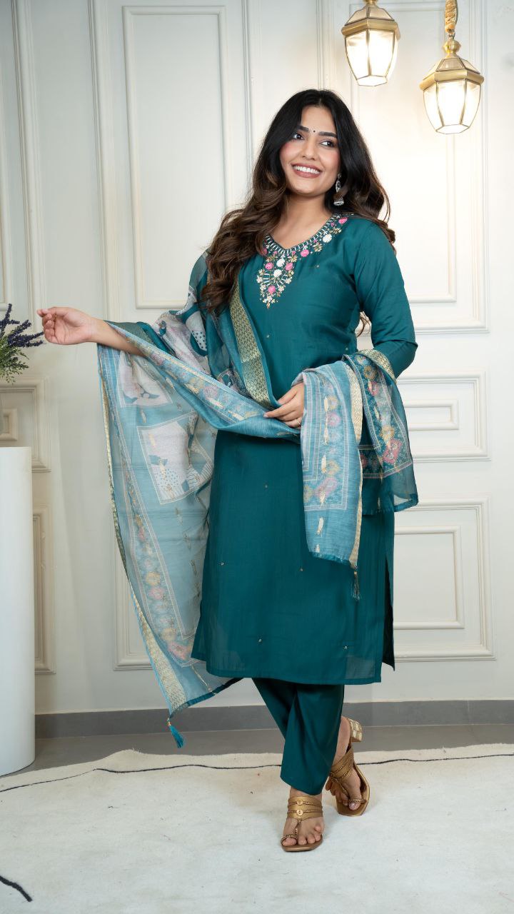 Lorenvalley Fashion Rama Roman Silk Hand Work Kurta Pant with Dupatta