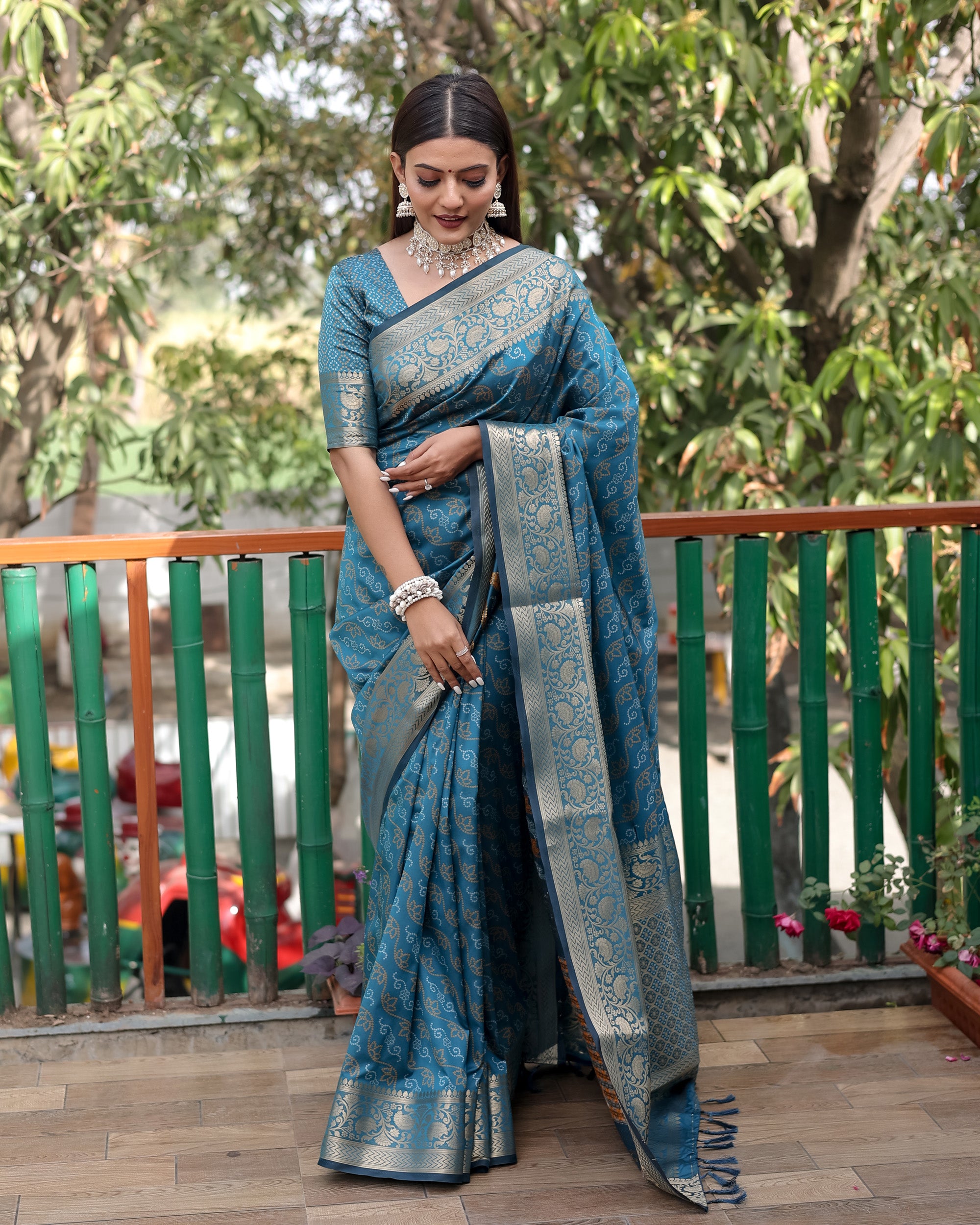 Lorenvalley Premium Bandhej Patola Silk Sarees with kanchi Borders and Contrast Zari Weaving borders Saree - Rama - Distacart