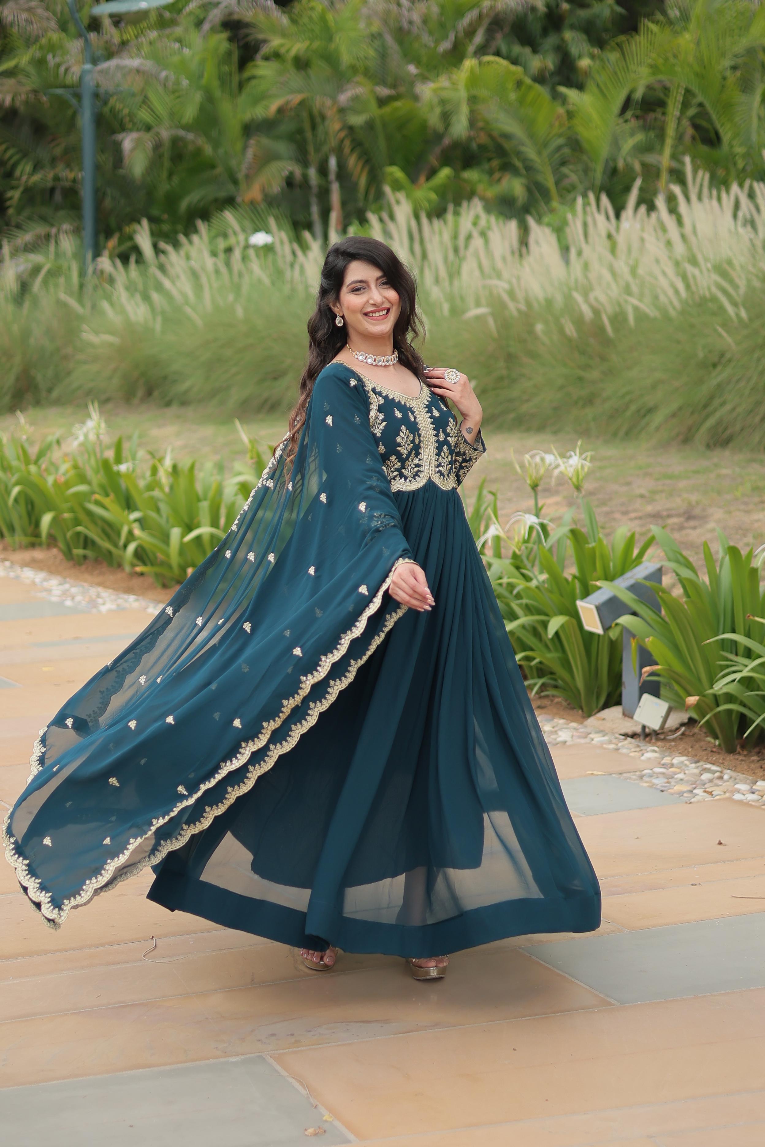 Evanik Rama Faux Blooming Gown With Dupatta With Sequins-Multi & Zari Embroidered Work