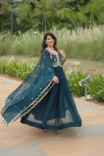 Thumbnail for Evanik Rama Faux Blooming Gown With Dupatta With Sequins-Multi & Zari Embroidered Work