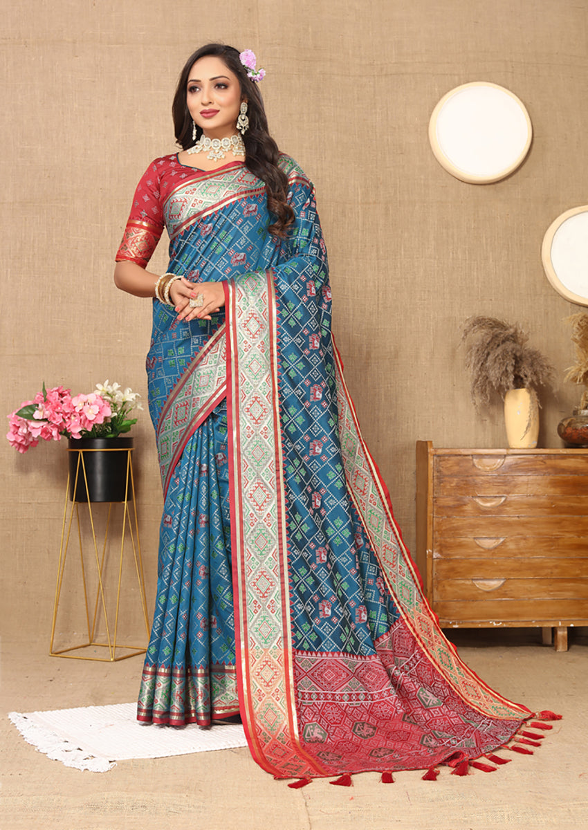 Lorenvalley Fashion Rama Patola Silk Woven Design with Zari Meenakari Weaving motifs Pallu Saree - Distacart
