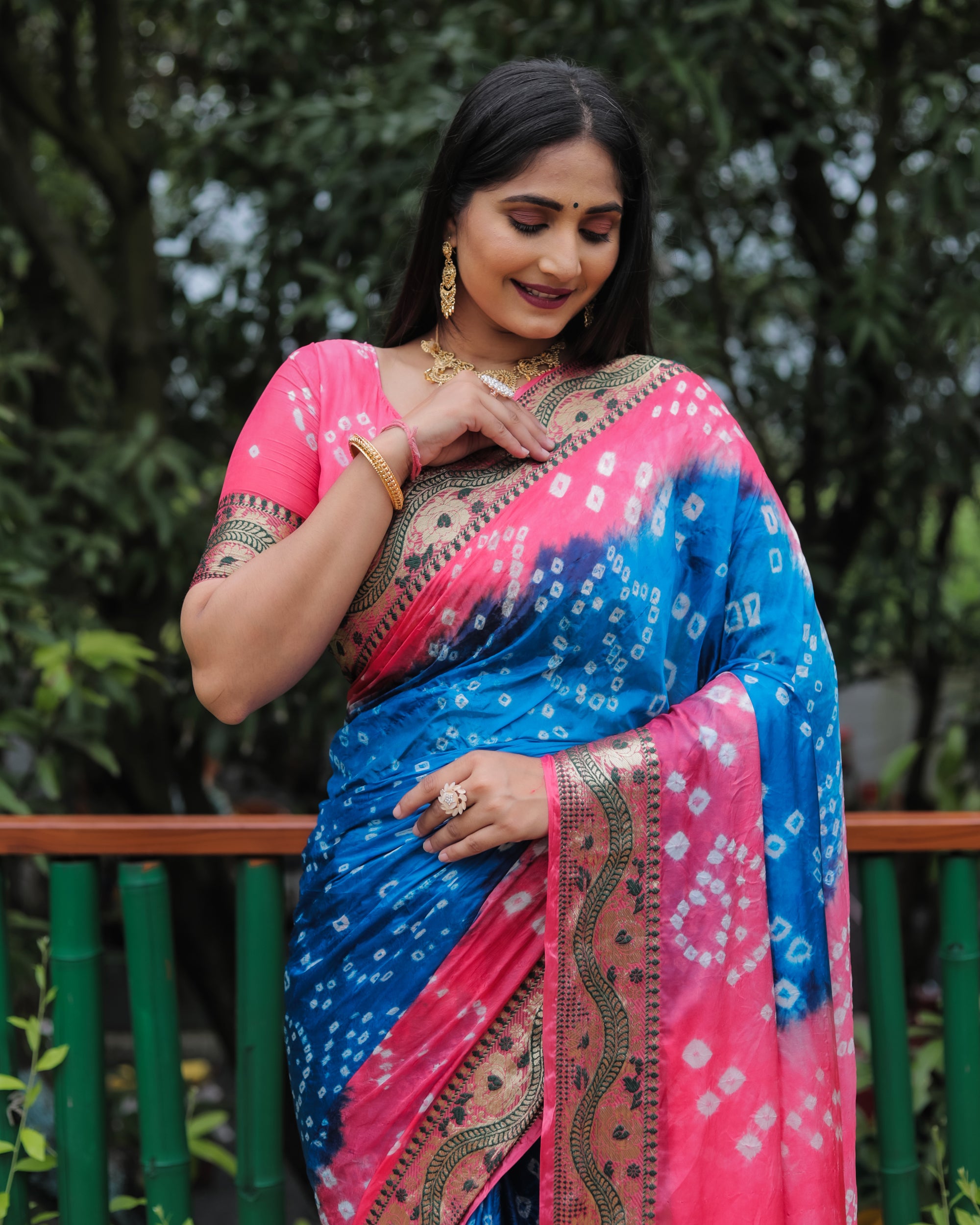 Lorenvalley Premium Pure Bandhej Tapeta Soft light weight silk saree with zari weaving Border - Multicolor - Distacart