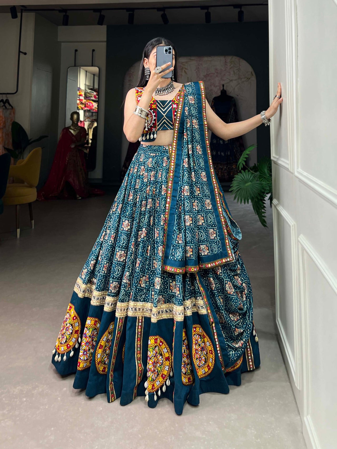 Lorenvalley Rama Pure Rayon Navratri Chaniya Choli, Complete With Sophisticated Printed Foil Work And Gamthi Patch & Lace Touch-Up