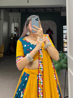 Thumbnail for Lorenvalley Yellow and Rama Rayon with Printed Silk Original Mirror Gamthi Work and Embossed Design Gota Lehenga Choli with Dupatta - Distacart