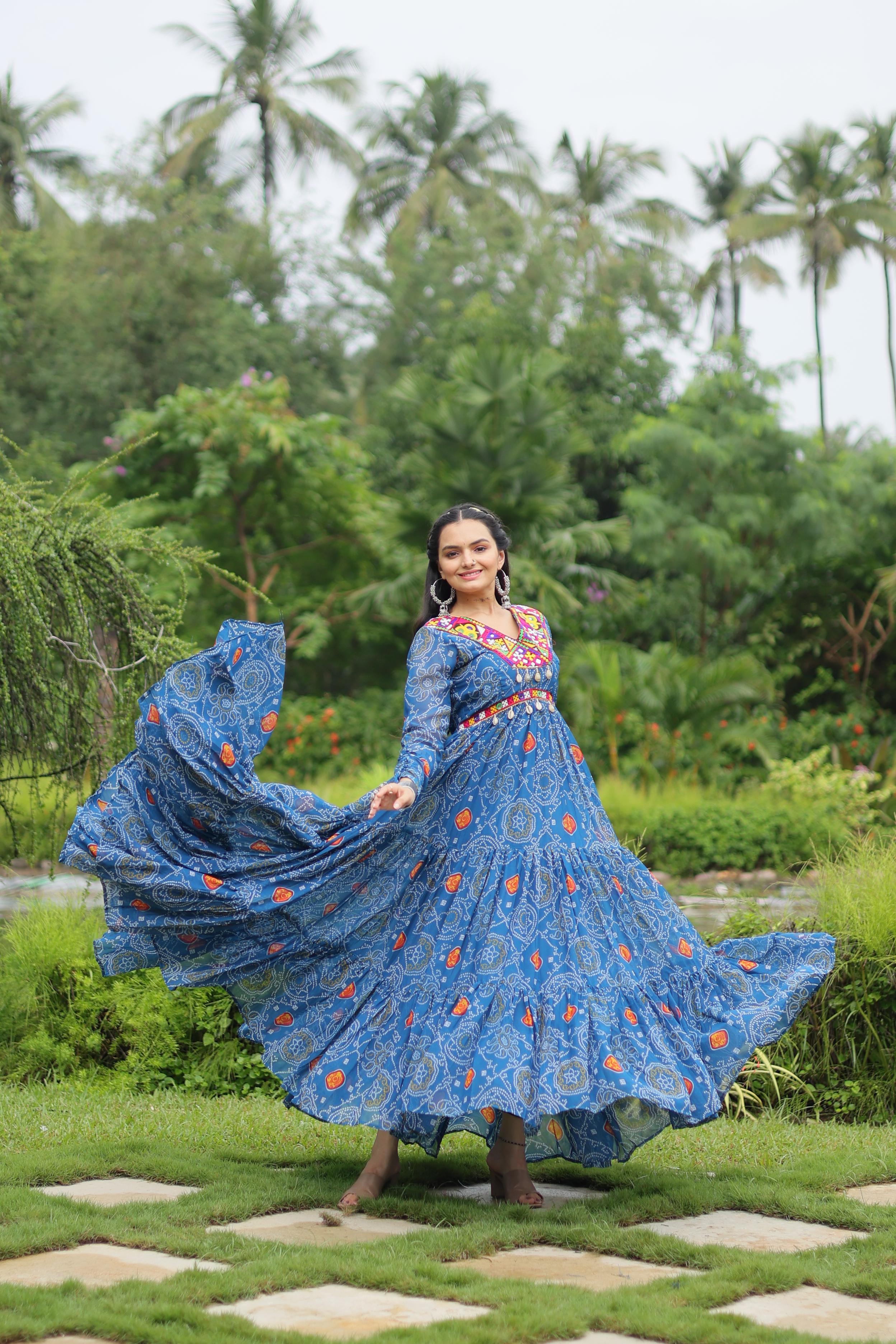 Lorenvalley Rama Faux Georgette Bandhani Print Work With Kutchi Patch Work Gown - Distacart