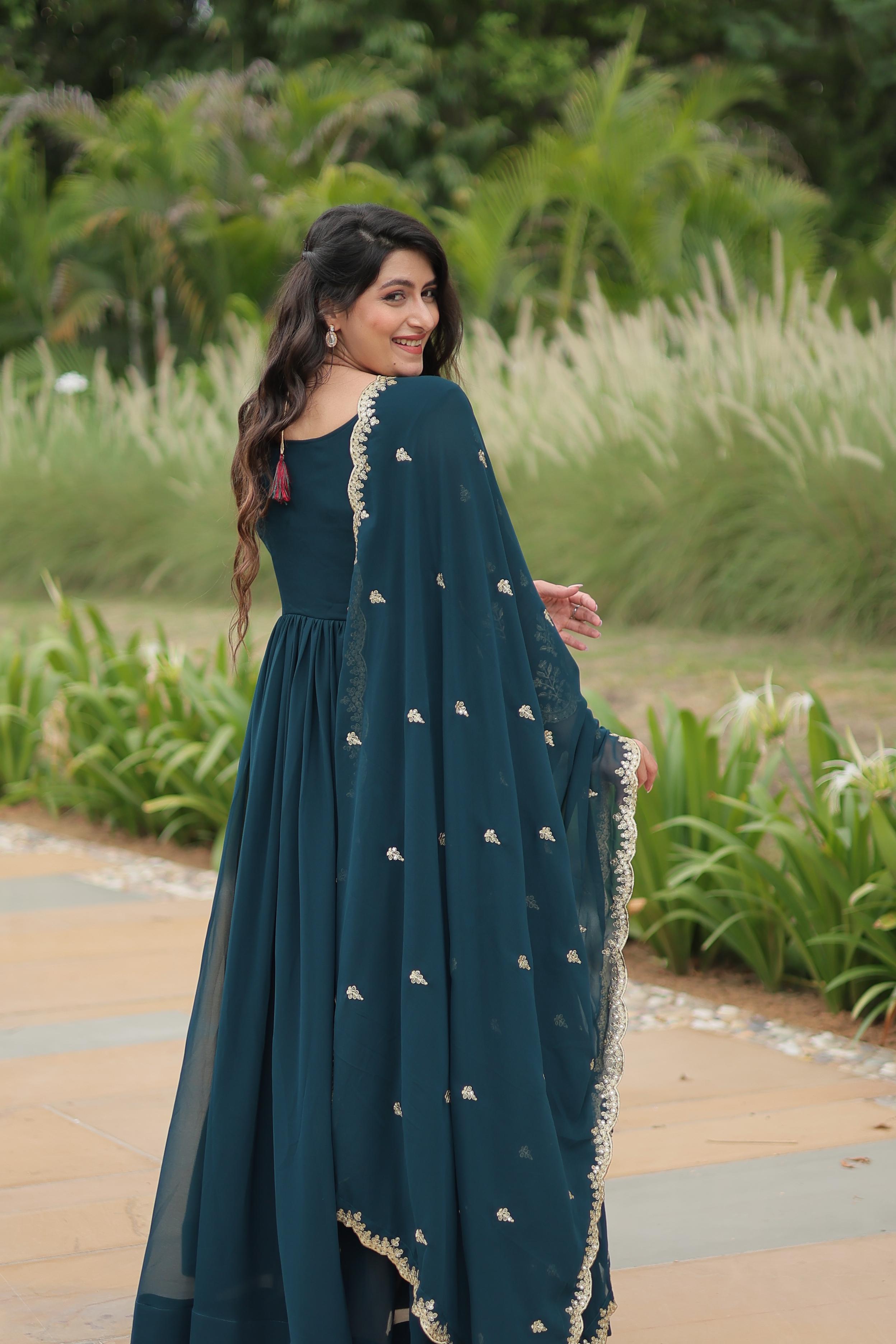Evanik Rama Faux Blooming Gown With Dupatta With Sequins-Multi & Zari Embroidered Work