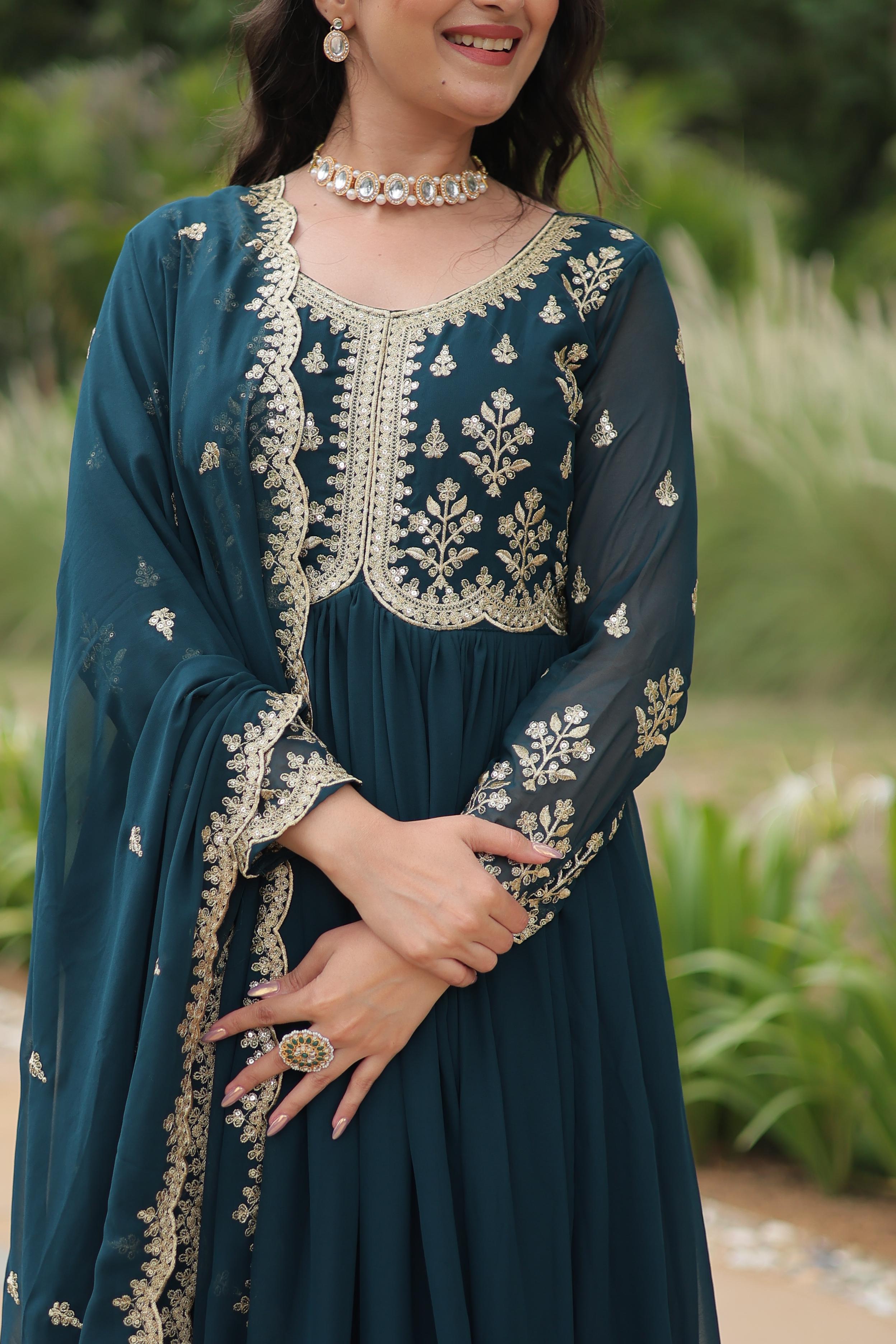 Evanik Rama Faux Blooming Gown With Dupatta With Sequins-Multi & Zari Embroidered Work