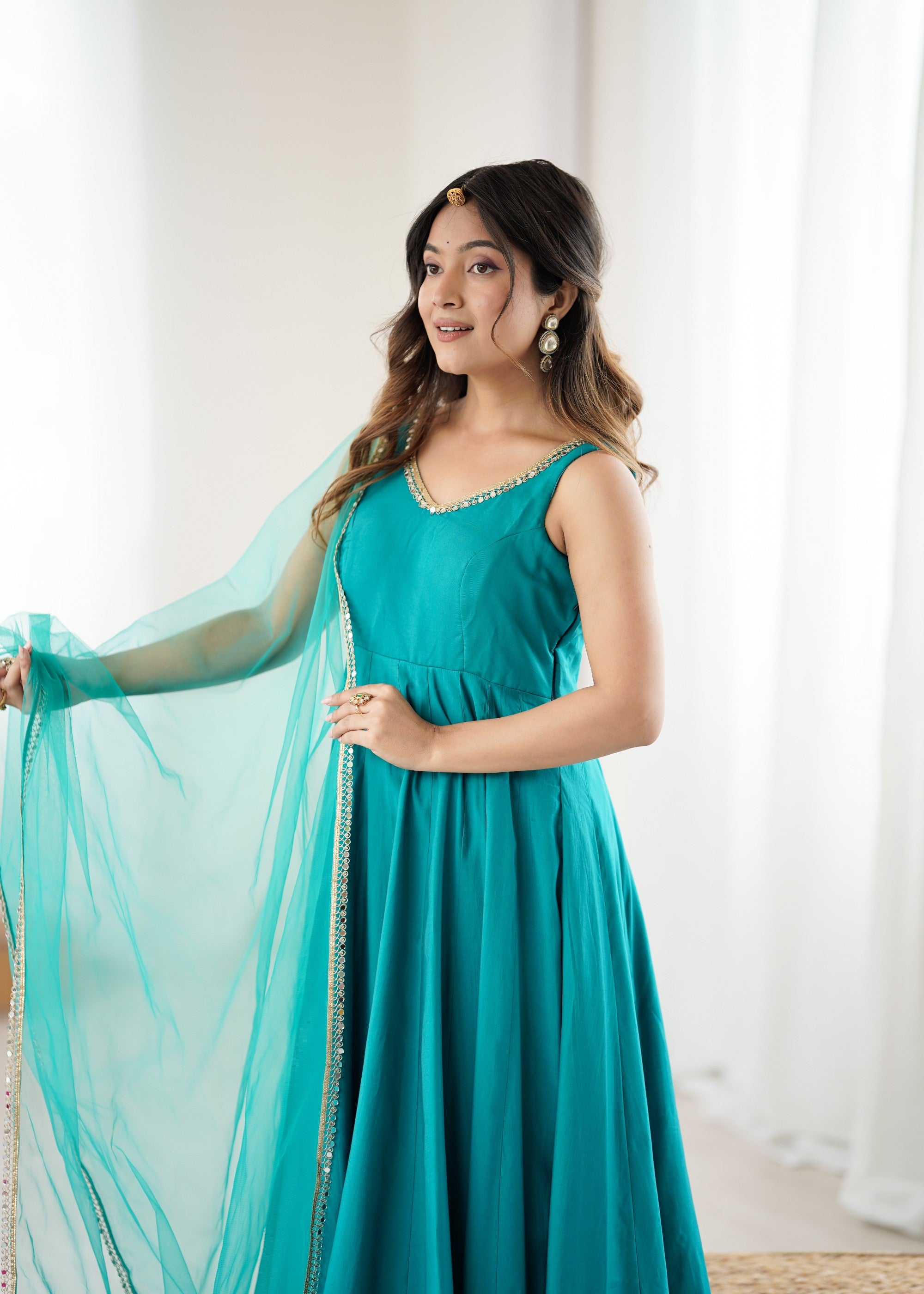 Lorenvalley Fashion Rama Pure Roman Silk Chanderi Fabric Yoke Fancy Lace Work Anarkali Kurta Pant With Dupatta Set - Distacart