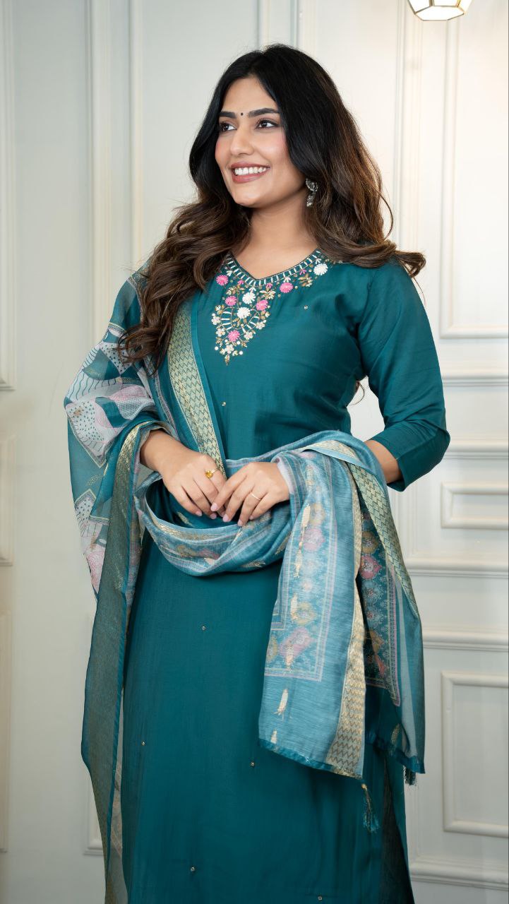 Lorenvalley Fashion Rama Roman Silk Hand Work Kurta Pant with Dupatta