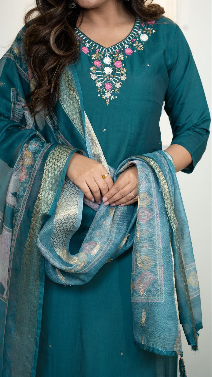 Lorenvalley Fashion Rama Roman Silk Hand Work Kurta Pant with Dupatta