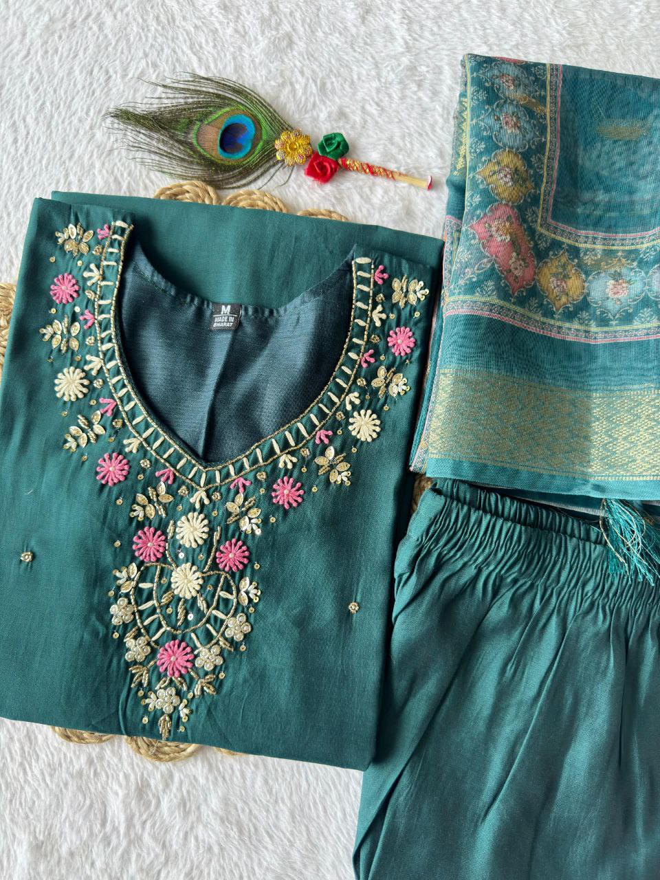 Lorenvalley Fashion Rama Roman Silk Hand Work Kurta Pant with Dupatta