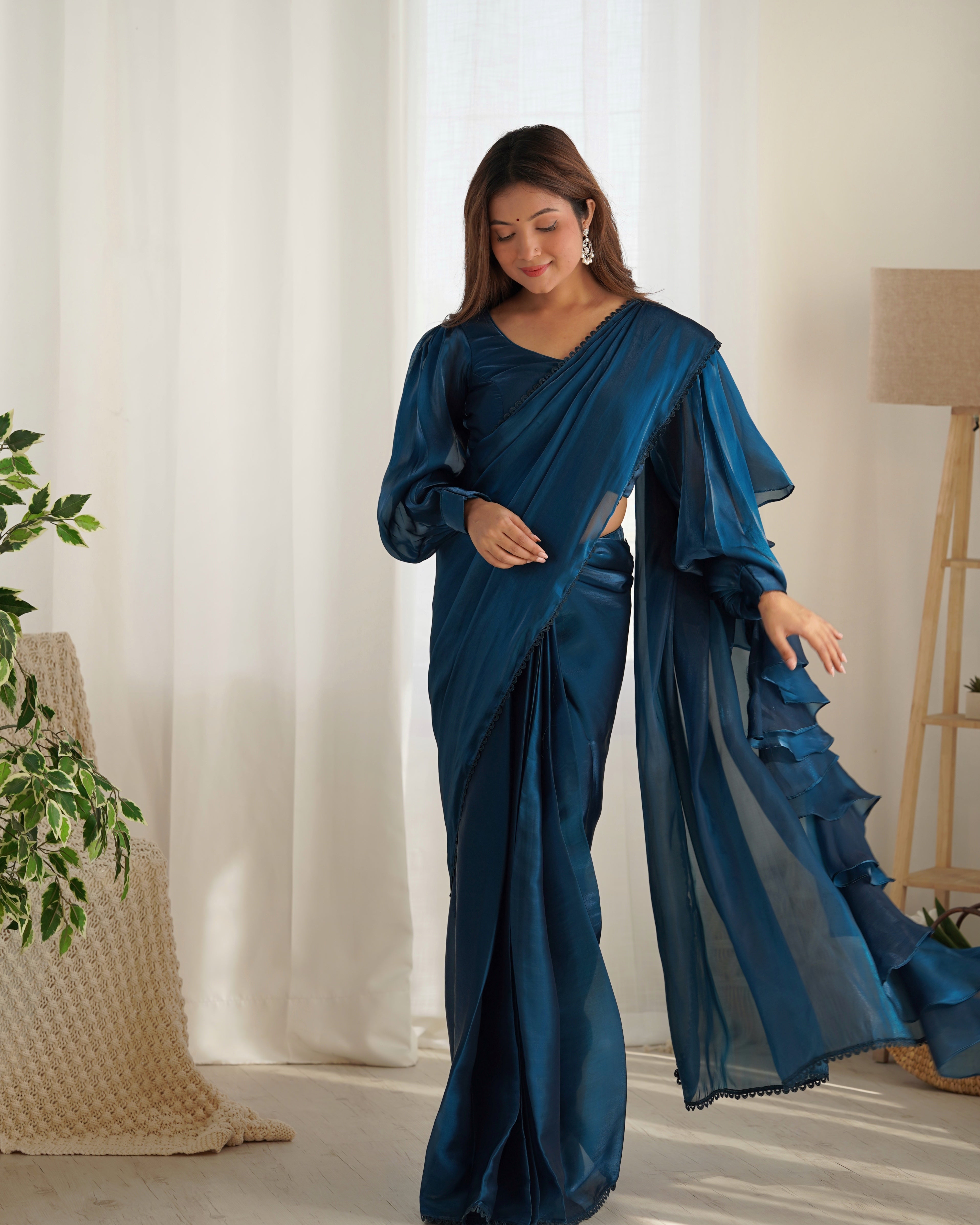 Lorenvalley Ready to wear Jimmy Choo Organza Fabric Border Lace Work Predrapped Saree