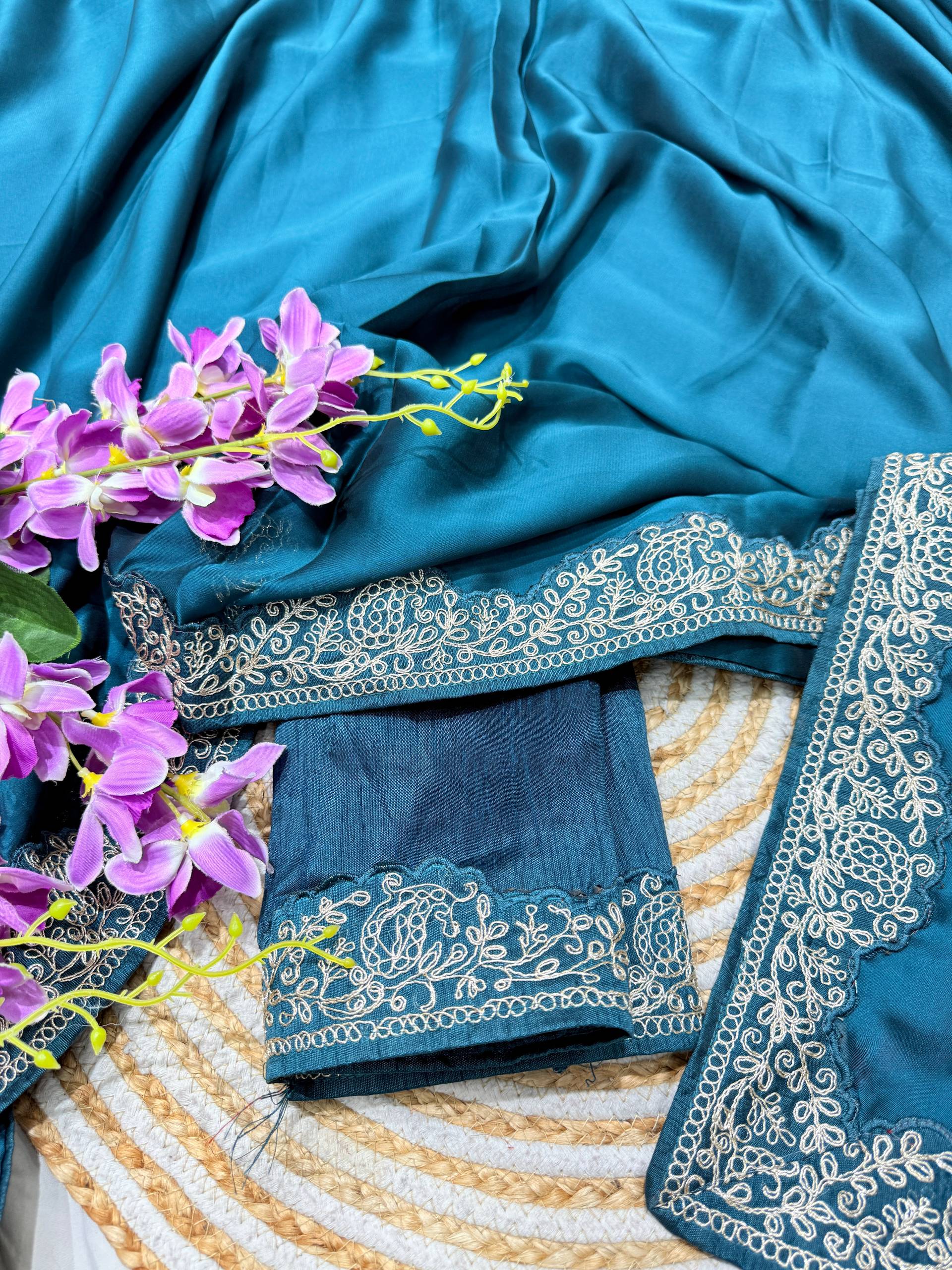 Lorenvalley Fashion Rama Rangoli Silk with Coding Lace Work Saree with Blouse