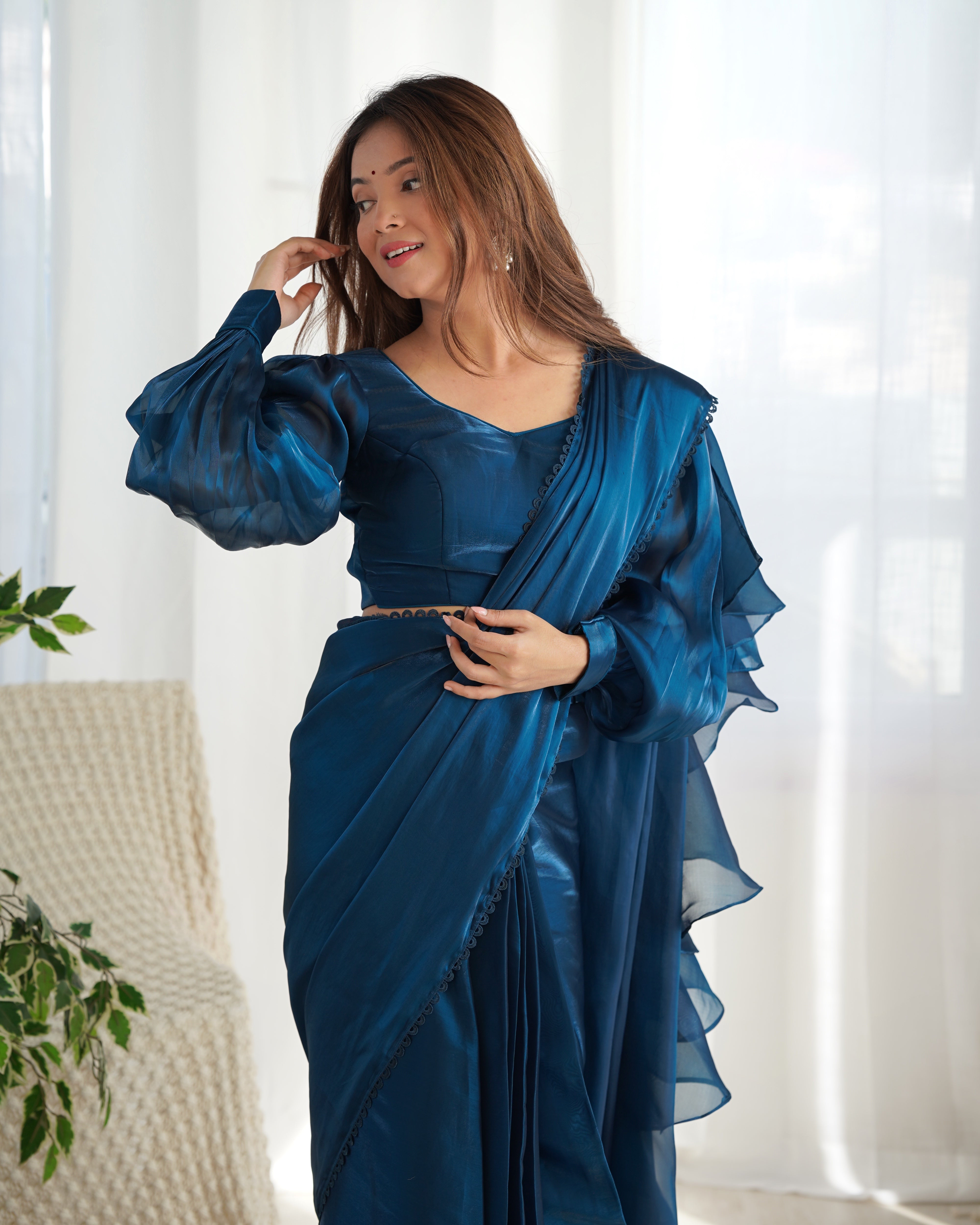 Lorenvalley Ready to wear Jimmy Choo Organza Fabric Border Lace Work Predrapped Saree