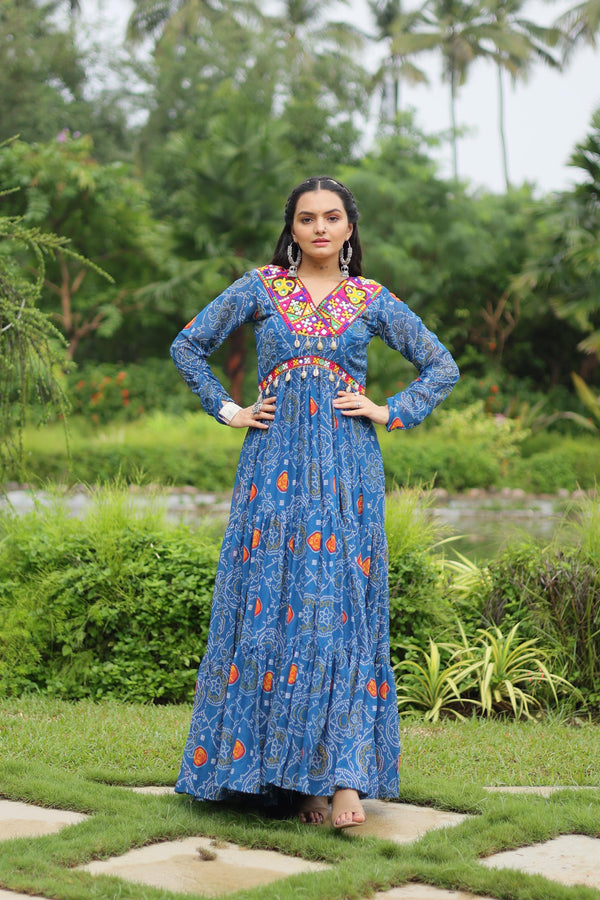 Lorenvalley Rama Faux Georgette Bandhani Print Work With Kutchi Patch Work Gown - Distacart