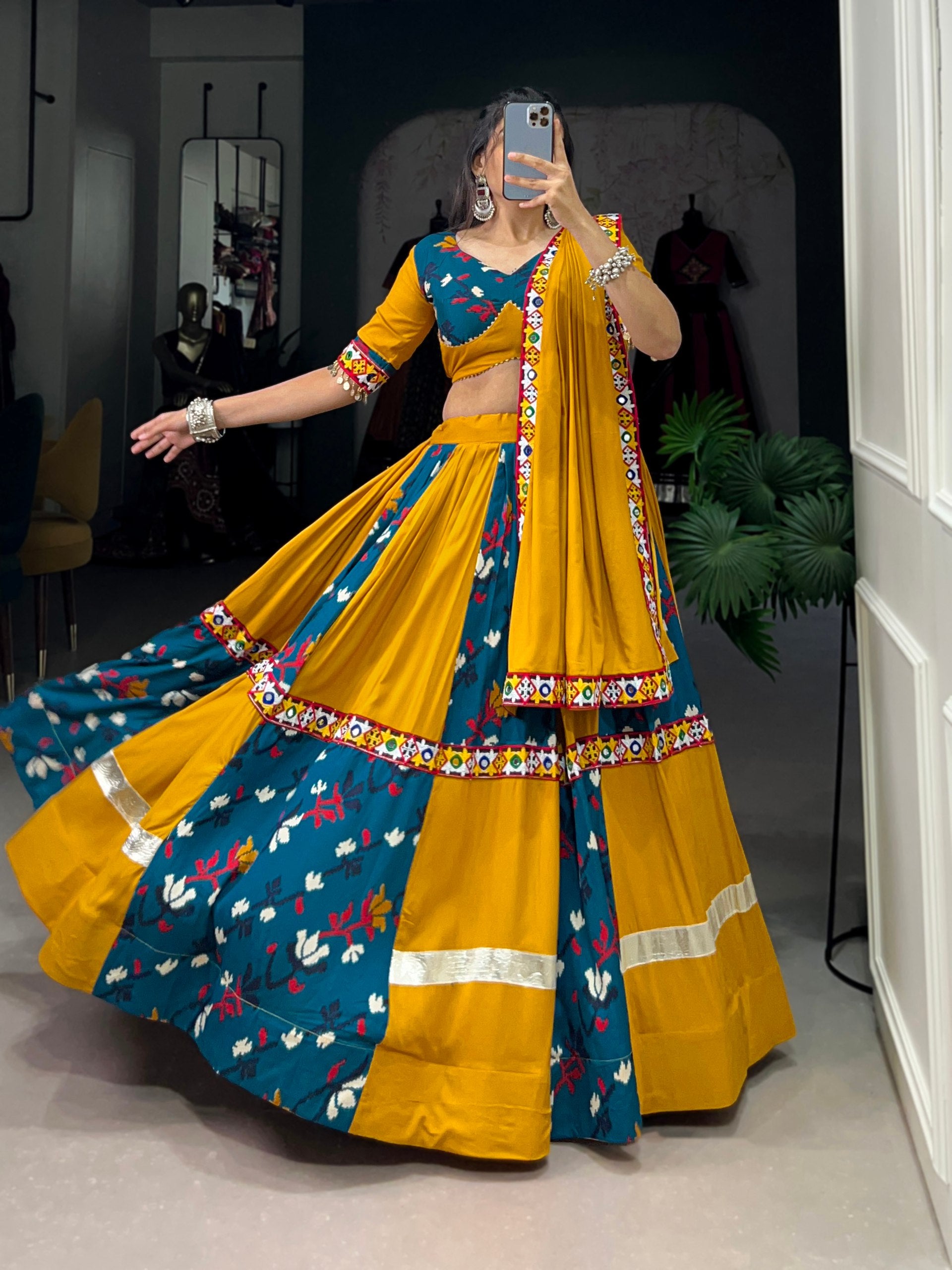 Lorenvalley Yellow and Rama Rayon with Printed Silk Original Mirror Gamthi Work and Embossed Design Gota Lehenga Choli with Dupatta - Distacart