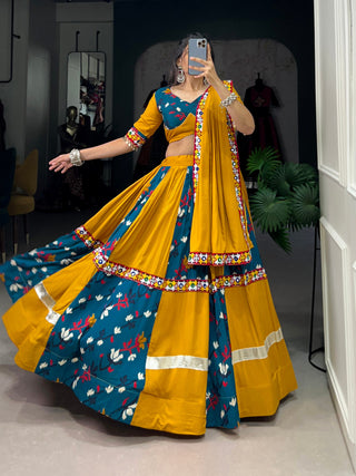 Lorenvalley Yellow and Rama Rayon with Printed Silk Original Mirror Gamthi Work and Embossed Design Gota Lehenga Choli with Dupatta - Distacart