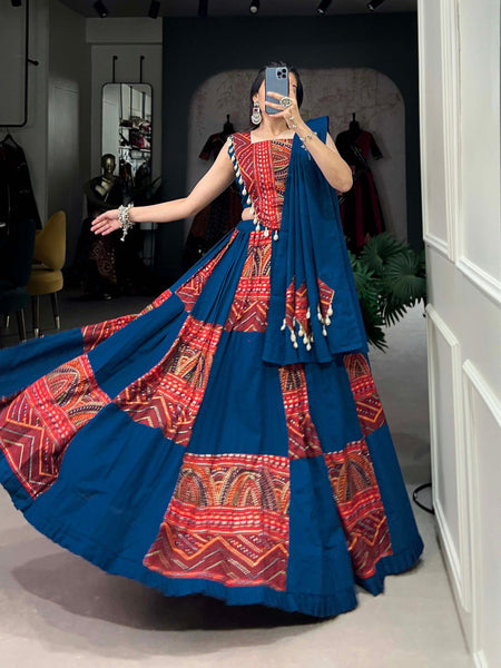 Lorenvalley Pure Cotton Rama Plain And Printed With Foil Work Lehenga Choli with Dupatta - Distacart