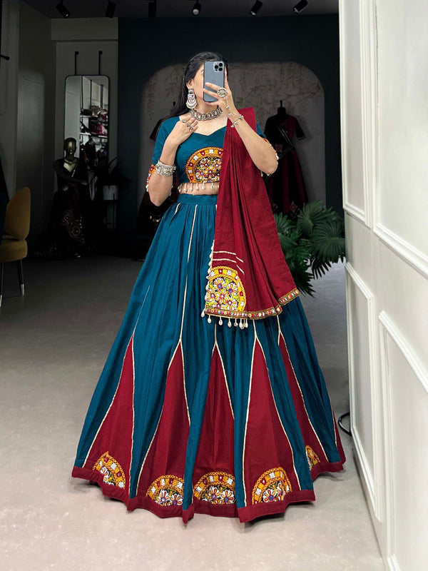 Lorenvalley Rama Pure Cotton Plain And Gamthi Patch Work With Gota Patti Lehenga Choli with Dupatta - Distacart