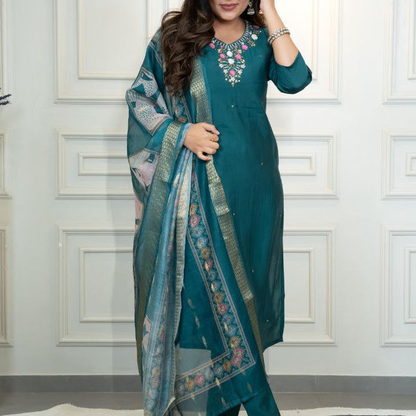 Lorenvalley Fashion Rama Roman Silk Hand Work Kurta Pant with Dupatta - Distacart