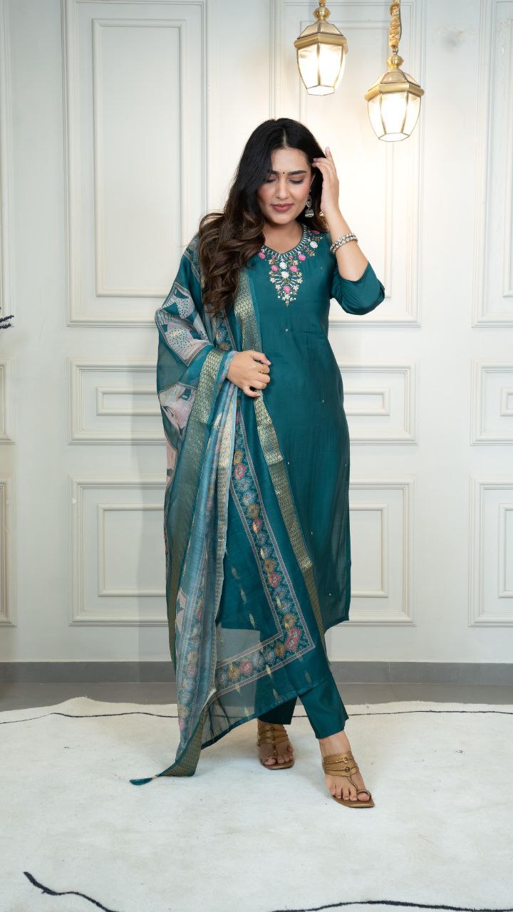 Lorenvalley Fashion Rama Roman Silk Hand Work Kurta Pant with Dupatta - Distacart