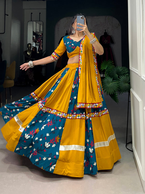 Lorenvalley Rayon Yellow and Rama with Printed Silk Original Mirror Gamthi Work and Embossed Design Gota Lehenga Choli with Dupatta - Distacart