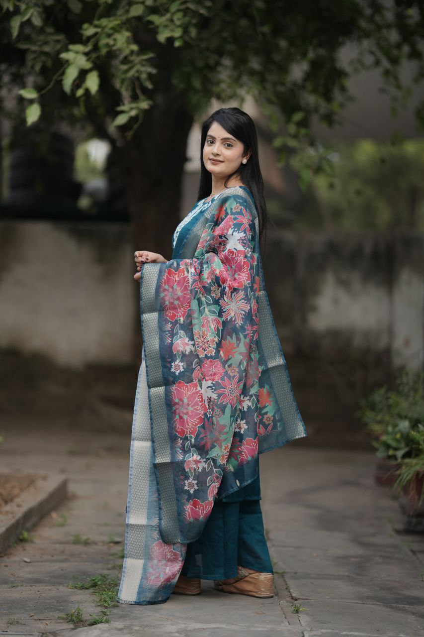 Preksha Creation Women Blue Premium Vichitra Silk Embroidered Straight Cut Kurti & Pant With Dupatta - Distacart