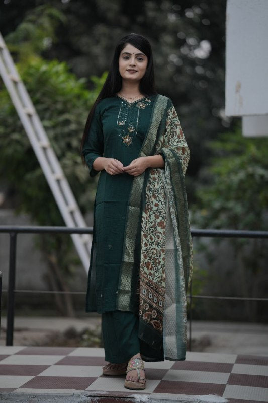 Preksha Creation Women Green Premium Vichitra Silk Hand Work Straight Cut Kurti & Pant With Dupatta - Distacart