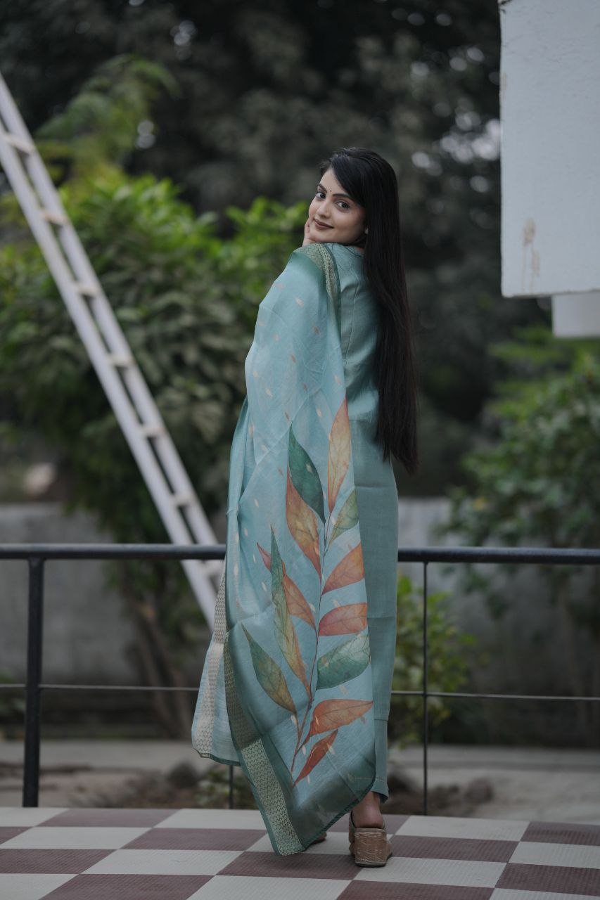 Preksha Creation Women Green Premium Vichitra Silk Hand Work Straight Cut Kurti & Pant With Dupatta - Distacart