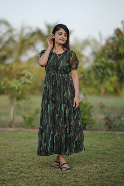 Preksha Creation Women Green Multicolour Georgette Floral Maxi dress Gown