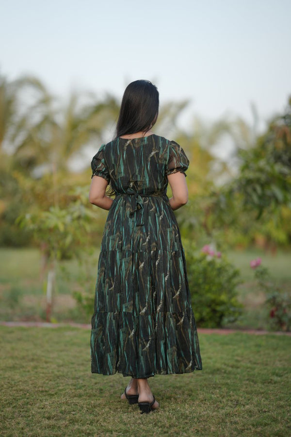 Preksha Creation Women Green Multicolour Georgette Floral Maxi dress Gown