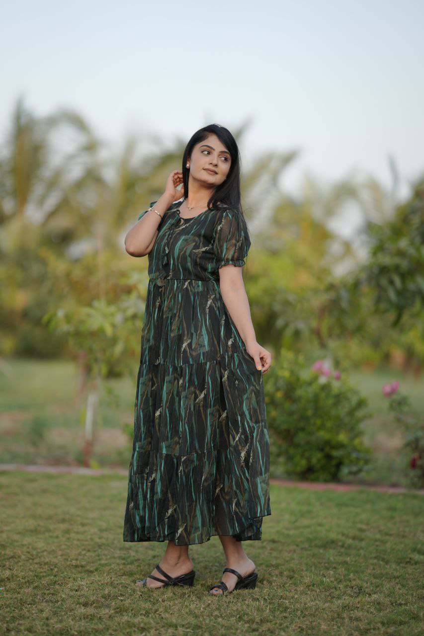 Preksha Creation Women Green Multicolour Georgette Floral Maxi dress Gown