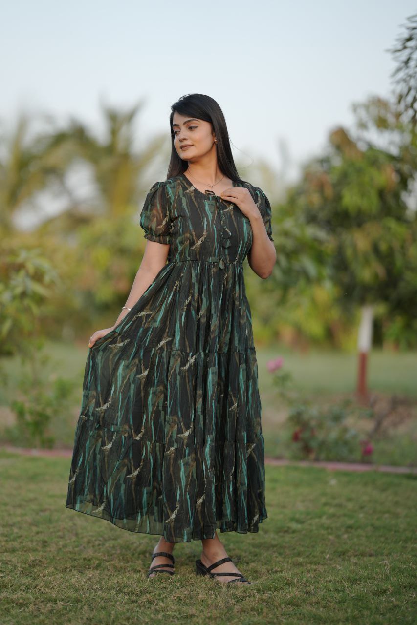 Preksha Creation Women Green Multicolour Georgette Floral Maxi dress Gown